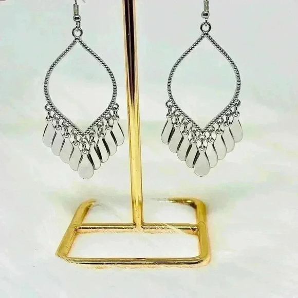 Silver Tear Drop Tassel Earrings - Picture 1 of 4